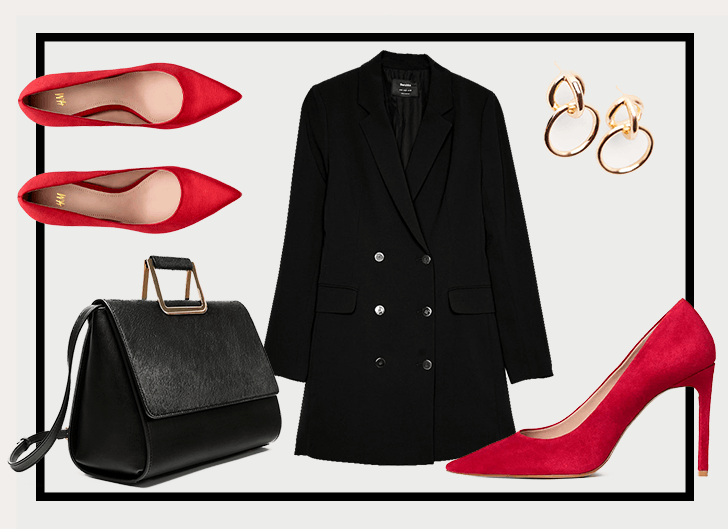 Look 4 | Arrojada e sensual, esta combinação pode ser atenuada, quer através da substituição dos sapatos vermelhos por uns de uma cor mais discreta, quer pela utilização de um vestido preto por debaixo do blazer, que nesse caso fica aberto.