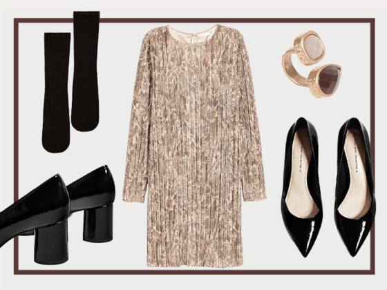 Look 1 | Os dourados são um clássico do Natal, presentes neste conjunto quer no vestido quer no anel. Os sapatos pretos ganham vida com as meias, pormenor inesperado, mas podem ser usados sem elas, se procurar um look mais sóbrio.