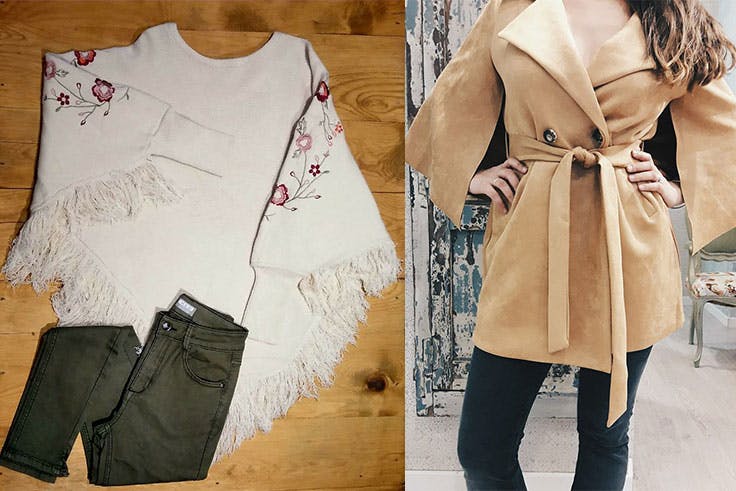 Camiseta blanca, vaqueros verdes y abrigo beige Varias prendas de la tienda Love Story