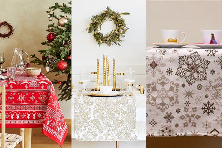 Mantel jacquard hilo metalizado (49,99€)/Mantel estampado renos (25,99€-35,99€) (Zara Home)/ Mantel copos de nieve de A loja do gato preto (14,99€)