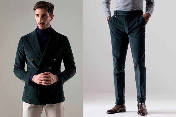 traje americana cruzada pantalón verde botella puro ego