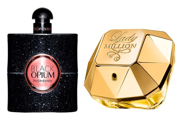 Perfume Black Opium (58,95€) y perfume Lady Million (55,84€). De venta en Druni.