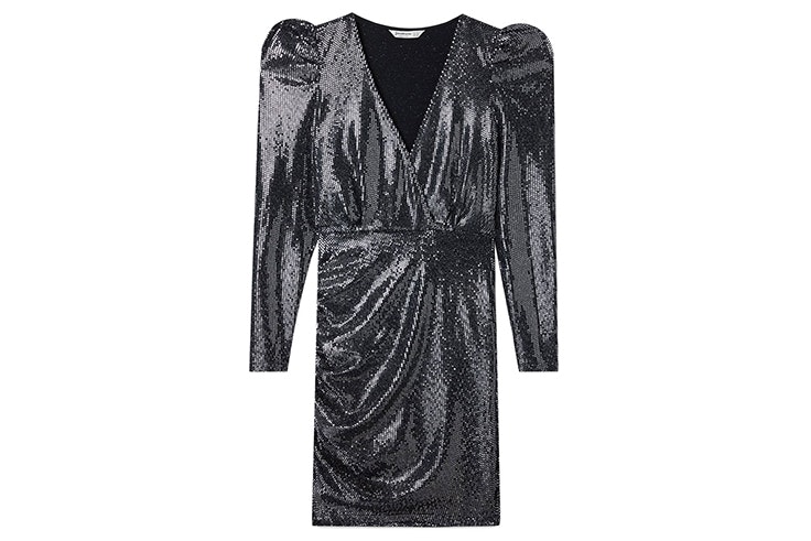 Vestido de lentejuelas plata con mangas abullonadas de Stradivarius
