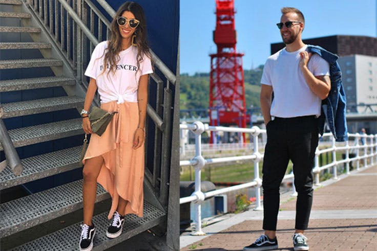 A la izquierda, la personal shopper gallega @maarttaan, luce como nadie sus outfits con zapatillas, y es fácil verla tanto con un tacón como con unas deportivas, sin perder ni un ápice de su estilazo. A la derecha, nuestro blogger bilbaíno @javicare, al que también podemos ver en sus redes sociales con diferentes modelos de este calzado. En estas fotos, ambos lucen el mismo modelo de zapatilla, las Vans Old Skool (Ulanka, 75,00€)