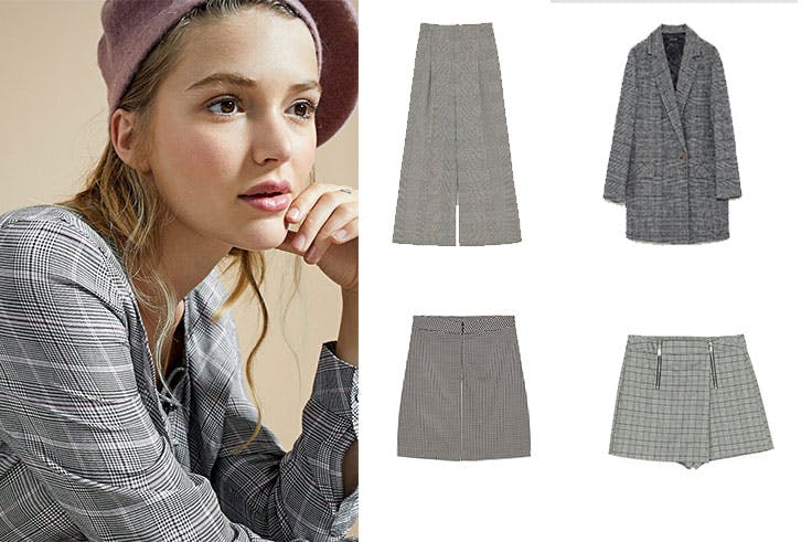 Tendencia de otoño estilo british Camisa a cuadros de Stradivarius (12,95 euros) / Pantalón ancho de Zara (49,95 euros) /Falda cruzada de Pull & Bear (12,95 euros) / Blazer cruzada de Zara (59,95 euros) / Falda short de Stradivarius (19,95 euros)
