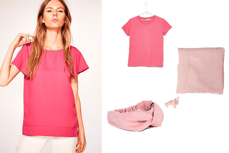 Camiseta de Cortefiel (14,99 euros) / Camiseta rosa de Bershka (5,99 euros) / Diadema para el pelo de Parfois (7,99 euros) / Pañuelo rosa de Etam (12,99 euros).