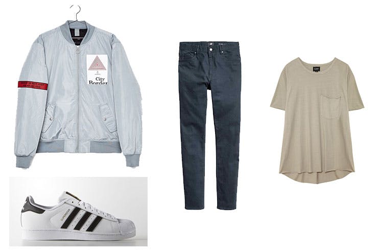 Bomber de Bershka (29,99 euros) / Adidas Superstar (99,95 euros) / Pantalón Skinny de H&M (19,99 euros) / Camiseta básica de Pull and Bear (7,99 euros)