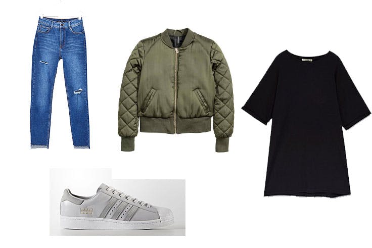 Pantalón Skinny de Bershka (25,99 euros) / Zapatillas Superstar (129,99 euros) / Bomber de H&M (29,99 euros) / Camiseta oversize de Pull & Bear (9,99 euros).