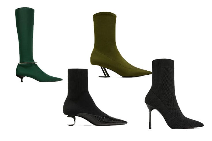 Bota calcetín verde de Zara (39,95€) / Bota calcetín negro de Zara (55,95€) / Bota calcetín verde caqui de Zara (39,95€) / Bota calcetín con tacón de Zara 49,95€)