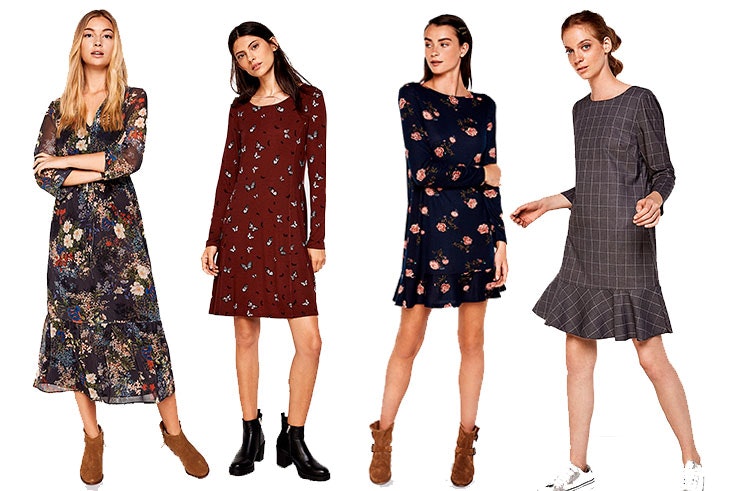 vestidos moda otoño Vestido boho (39,99€) / Vestido con mariposas (19,99€) / Vestido con volante (24,99€) / Vestido a cuadros (29,99€) / Springfield