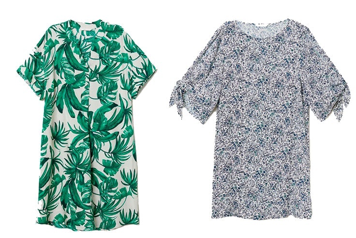 Prendas de H&M: Vestido con escote de pico y estampado tropical (19,99€)/Vestido floral con mangas trompeta (19,99€)