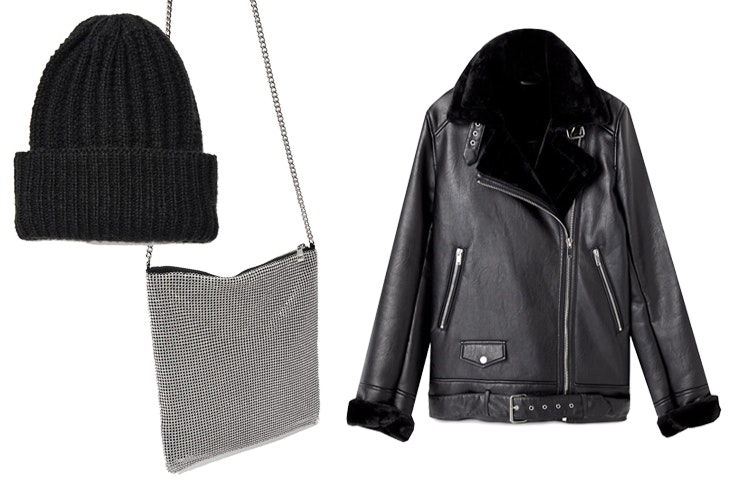 aitana para stradivarius look gorro de punto en color negro, bolso de strass y cazadora de doble faz