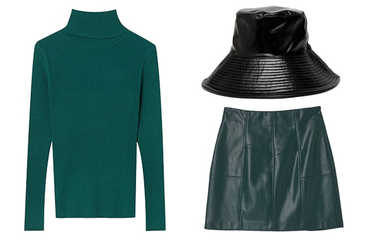 look jersey verde botella, falda de polipiel y bucket hat de aitana para stradivarius