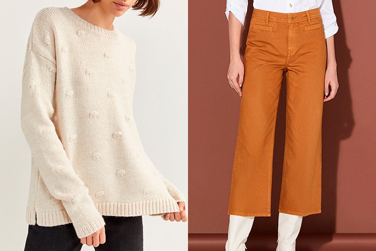 Jersey beige con detalle de de Springfield, Pantalón palazzo en color marrón de Cortefiel