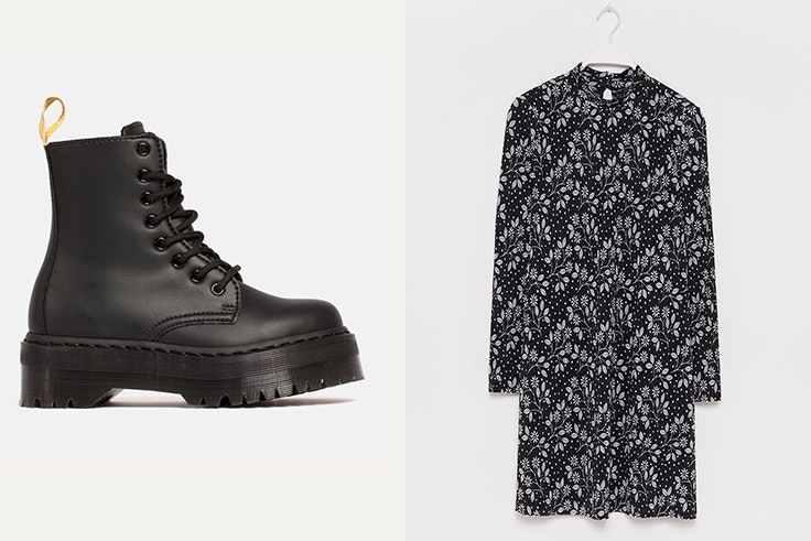 Botas negras con plataforma de Vas, Vestido con estampado de flores de Sfera
