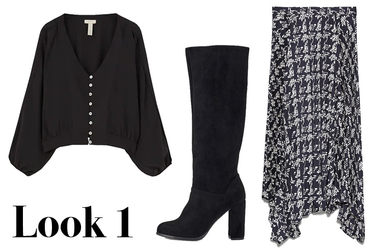 Blusa negra con detalle de botones a contraste de Pull & Bear Botas altas de ante en color negro de Marypaz Falda estampada asimétrica de Zara