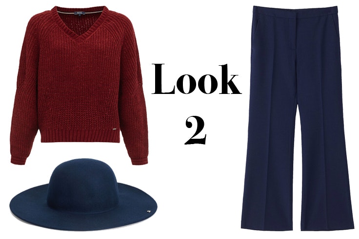 Jersey de pico en color granate de Salsa Sombrero azul marino de Parfois Pantalón largo de lana en azul marino de Massimo Dutti