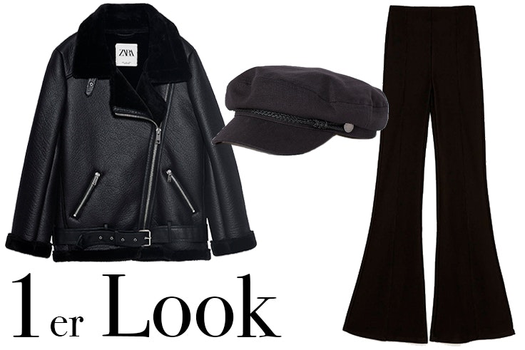 Chaqueta negra de Zara Gorra marinera de H&M Pantalón largo flare en color negro de Bershka