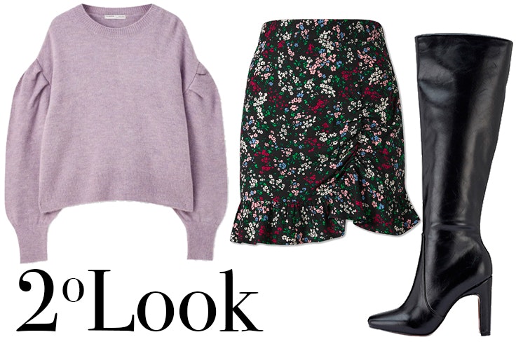 Jersey lila de Pull and Bear Falda con estampado de flores de C&A Botas altas negras de Marypaz