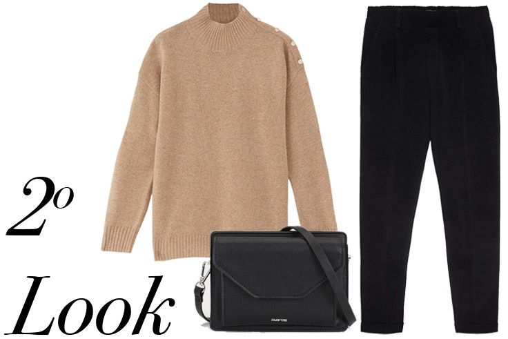 Jersey beige con detalle de botones de Massimo Dutti, Bolso bandolera en color negro de Parfois, Pantalón negro de Stradivarius looks ana vera