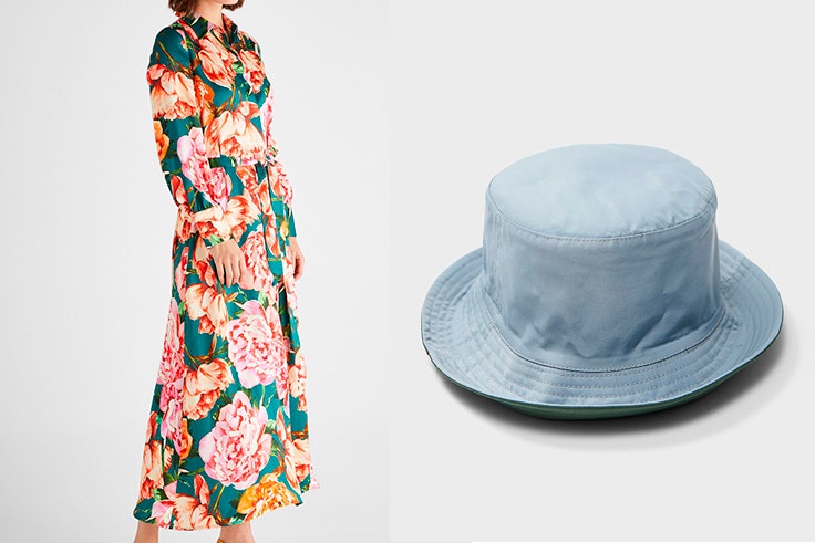 maría fernández rubíes estilo conjuntos premáma Bucket hat reversible de Stradivarius Vestido camisero de flores de Cortefiel