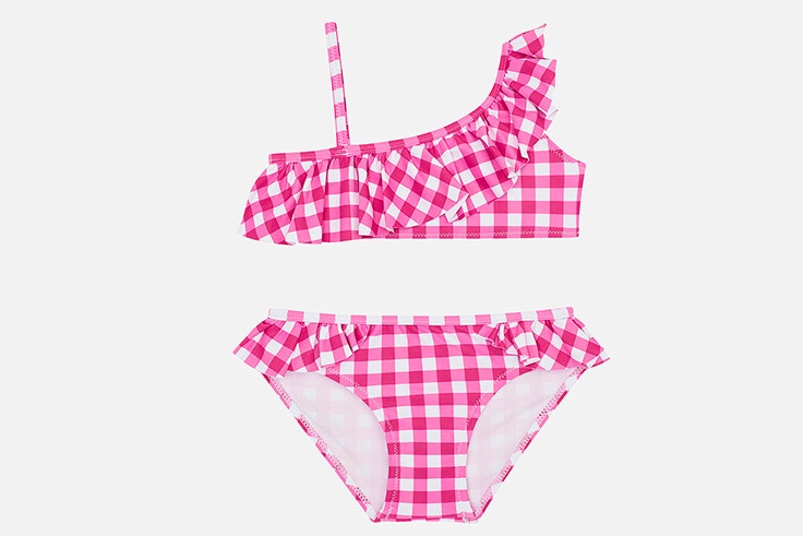 bañadores para niños Bikini asimétrico de cuadros vichy en color fucsia