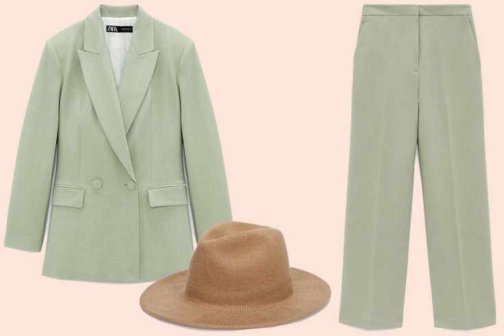 Traje verde de Zara, sombrero de Parfois