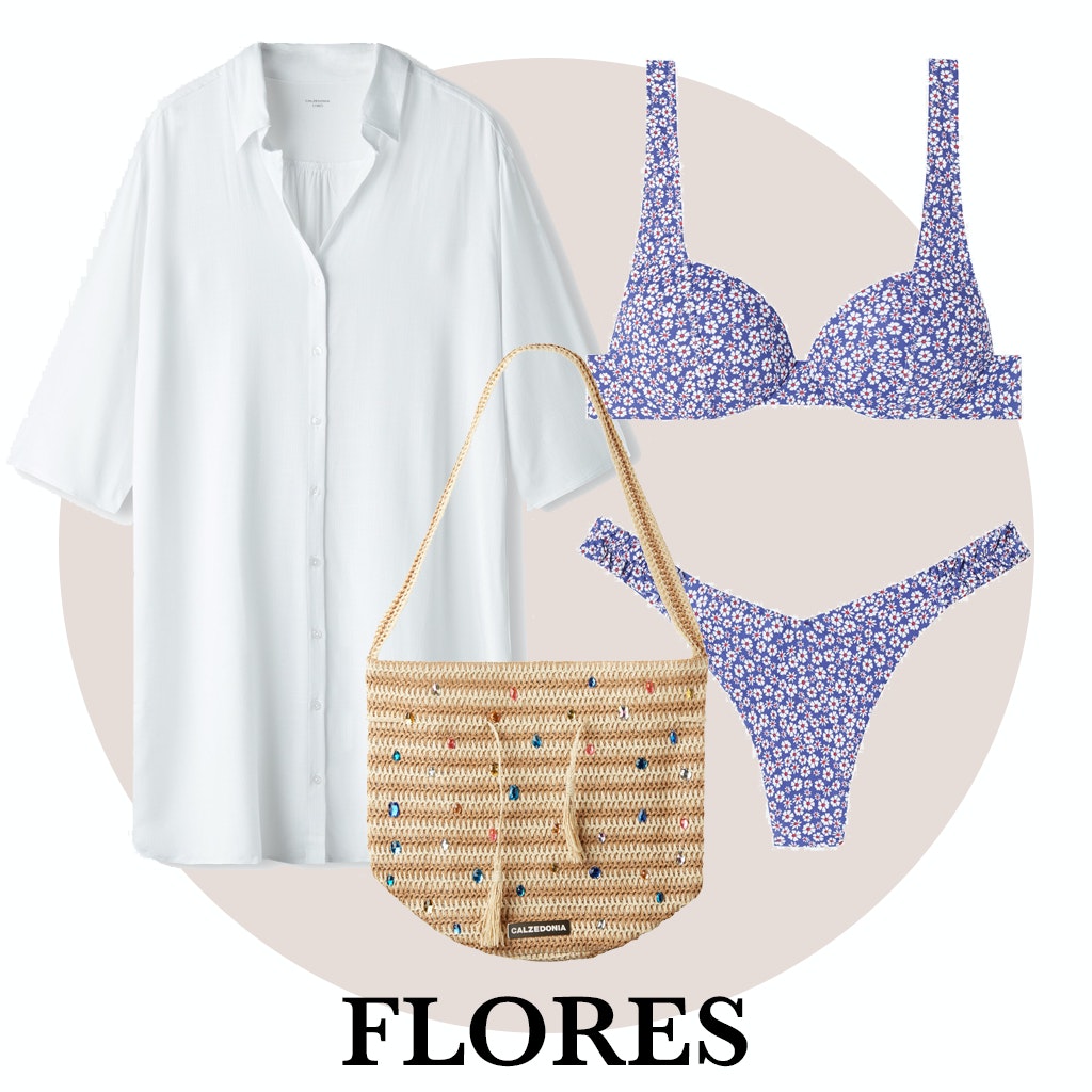 Camisa, bikini y bolso de rafia de Calzedonia