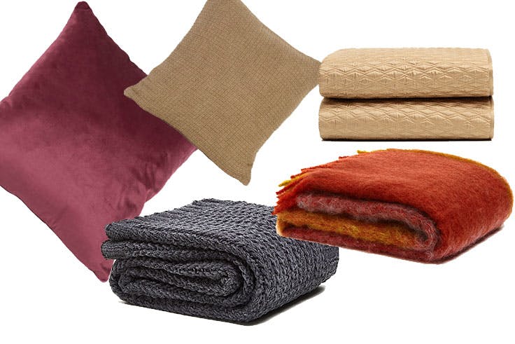 Cojín granate de Leroy Merlín (7,95 €) / Cojín marrón de Leroy Merlín (12,95 €) / Manta gris de Zara Home (39,99 €) / Edredón beige de Zara Home (149,00 €) / Manta a colores de Zara Home (99,99 €).