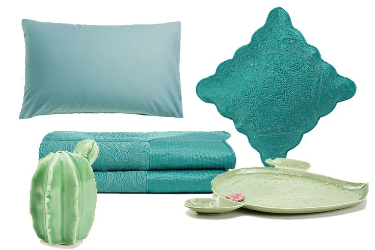 Funda de almohada (12,99 €) / Funda satinada (19,99 €) / Salero de porcelana en forma de cactus (9,99 €) / Funda nórdica (129,00 €) / Bandeja en forma de cactus (39,99 €) 