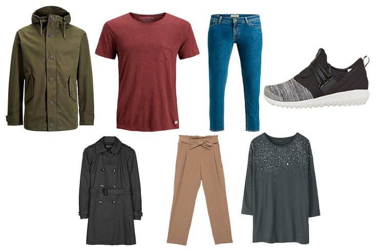 Parka de Jack & Jones (129,99 €) / Camiseta básica de Jack & Jones (19,99 €) / Pantalón vaquero de Jack & Jones (39,99 €) / Zapatillas deportivas de Jack & Jones (79,99 €). Gabardina de Stradivarius (29,99 €) / Pantalón de Stradivarius (22,95 €) / Camiseta de Stradivarius (12,95 €).