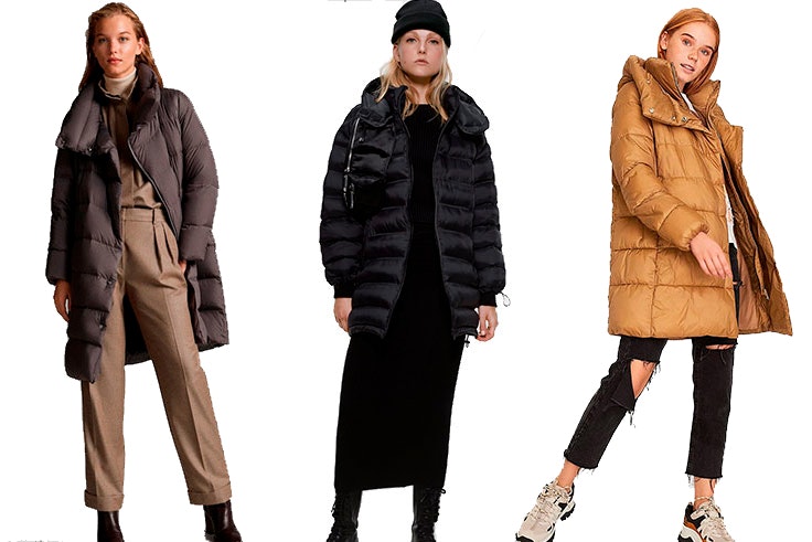 Chaqueta plumas wrap de Massimo Dutti (199,00€), CAZADORA ACOLCHADA LARGADETALLE (49,95€) y Abrigo padding doble cuello de Stradivarius (59,99€)