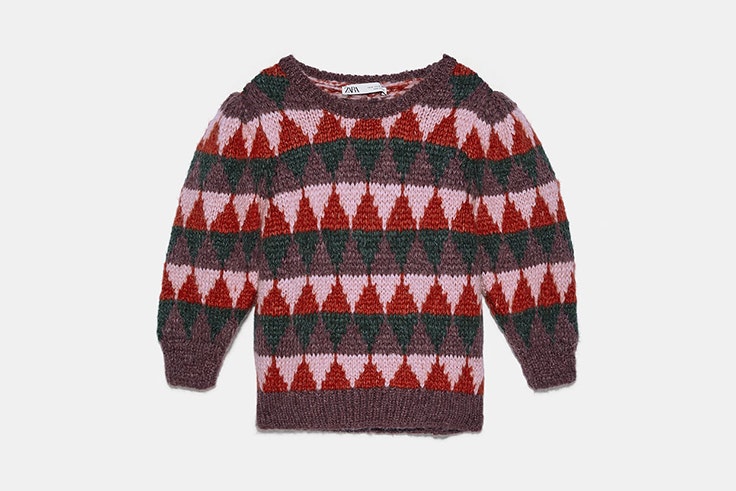 Jersey de rombos de colores y mangas abullonadas de Zara jerséis de jacquard