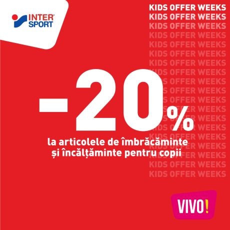 Pentru că se apropie 1 iunie, Intersport vă așteaptă în magazine cu 20% reducere la articolele de îmbrăcăminte și încălțăminte pentru copii!