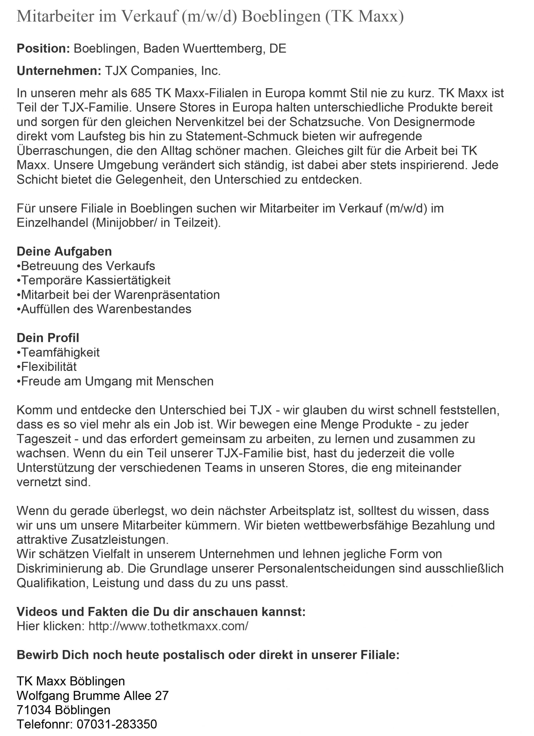 TK Maxx Stellenanzeige Mercaden Böblingen