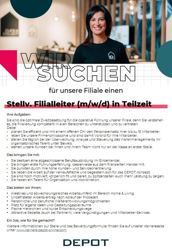 Depot Stellenanzeige Stellv. Filialleiter